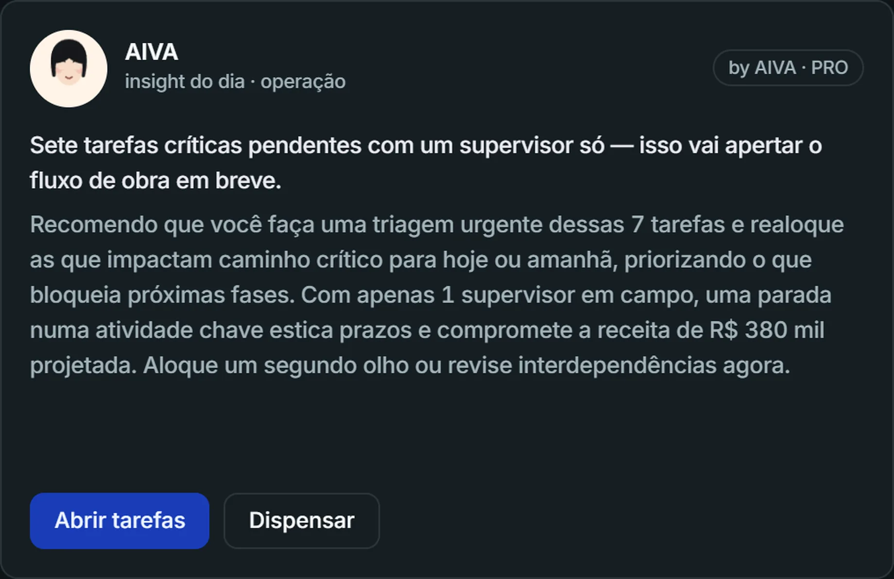 Card de insight da Operação — tema escuro